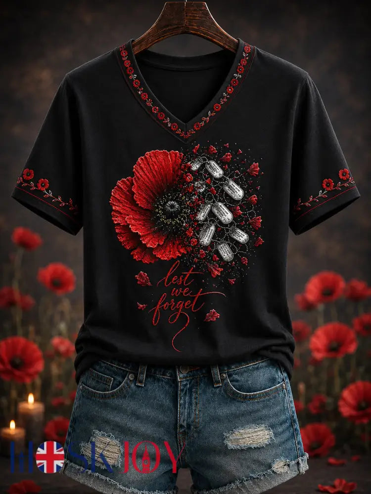 Women’s Remembrance Day Printed V-neck T-shirt - Black / S