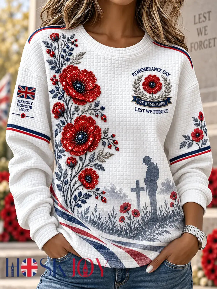 Women’s Remembrance Day Veteran Commemoration Print Waffle-Knit Long-Sleeve Top - A / S