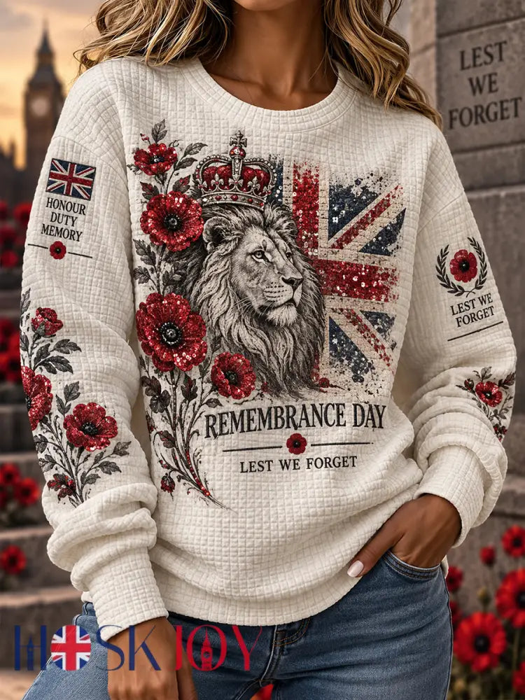 Women’s Remembrance Day Veteran Commemoration Print Waffle-Knit Long-Sleeve Top - A / S