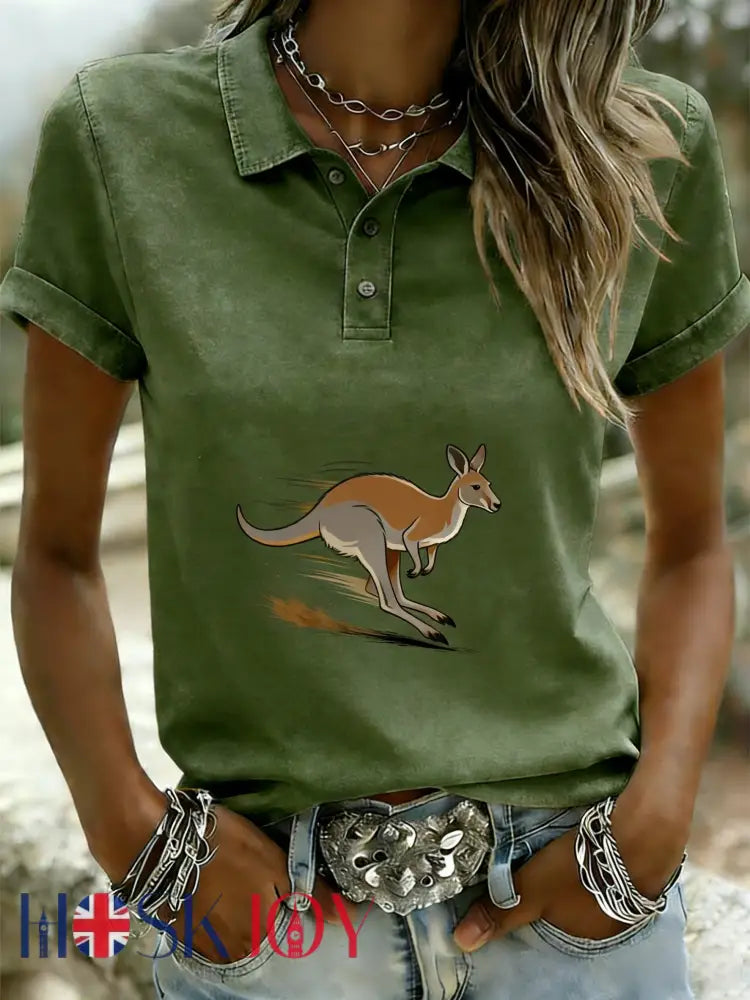 Women’s Retro Australian Kangaroo Run Art Casual Comfortable Short Sleeve T-Shirt Green / S