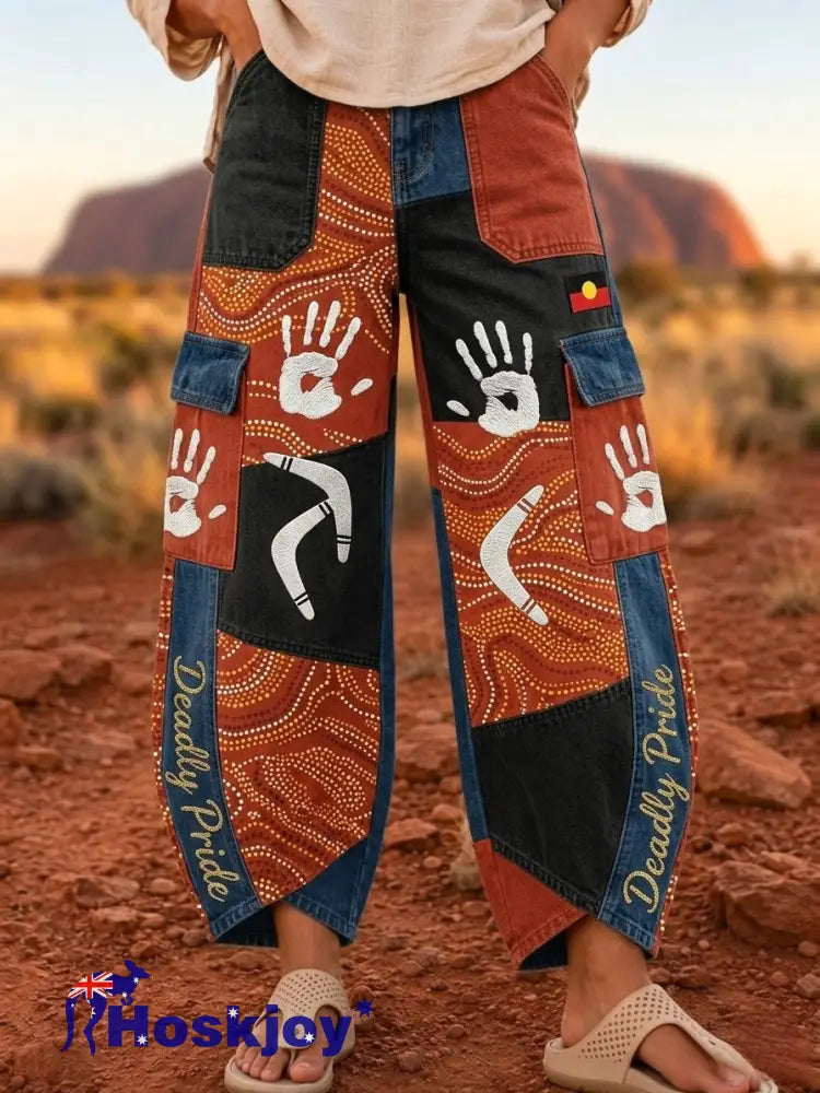 Women’s Retro Australian NAIDOC Week Deadly Pride Art Print Flared Trousers - Brown / S