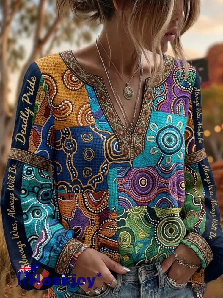 Women’s Retro Australian NAIDOC Week Deadly Pride Art Printed Top - Blue / S