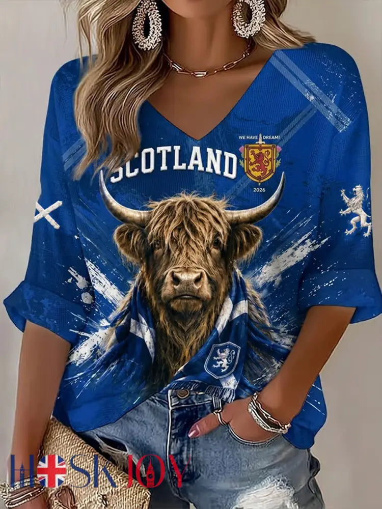 Women’s Scotland Peinted Mid-length Sleeves V-Neck T-Shirt - Blue / S