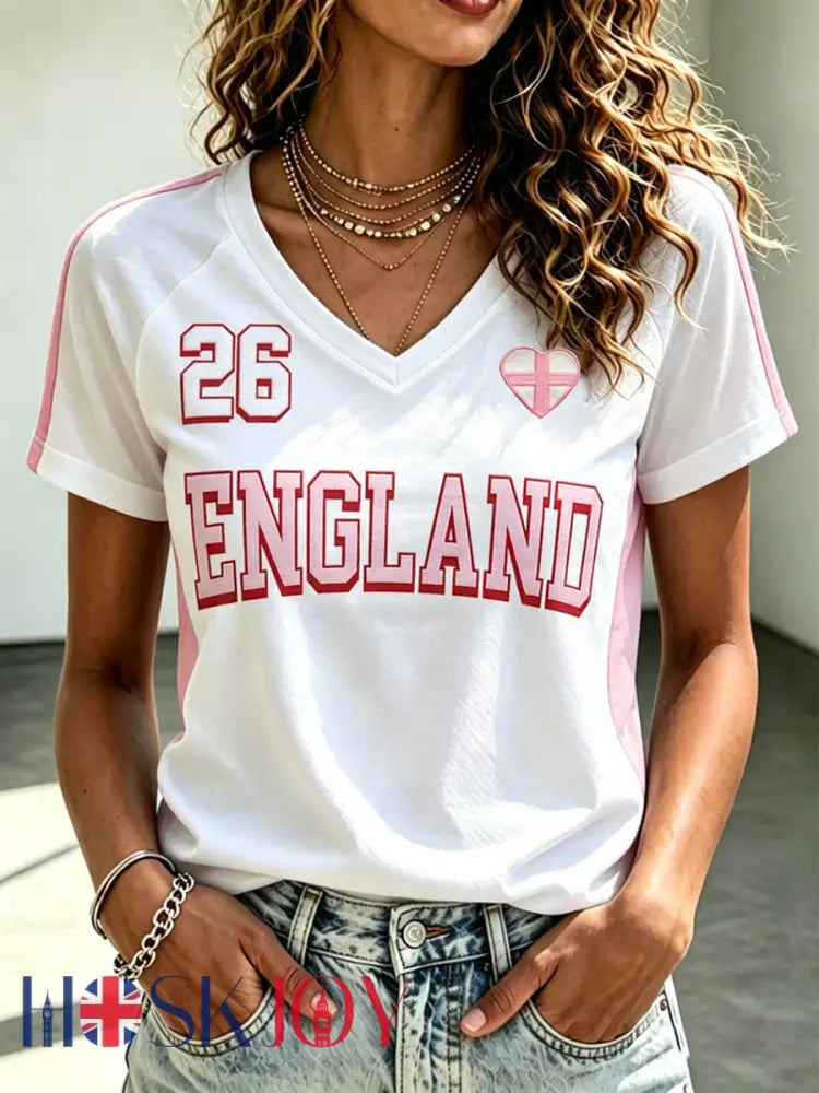 Women’s UK Football Lover England Printed V-neck off-shoulder short-sleeved T-shirt - White / S