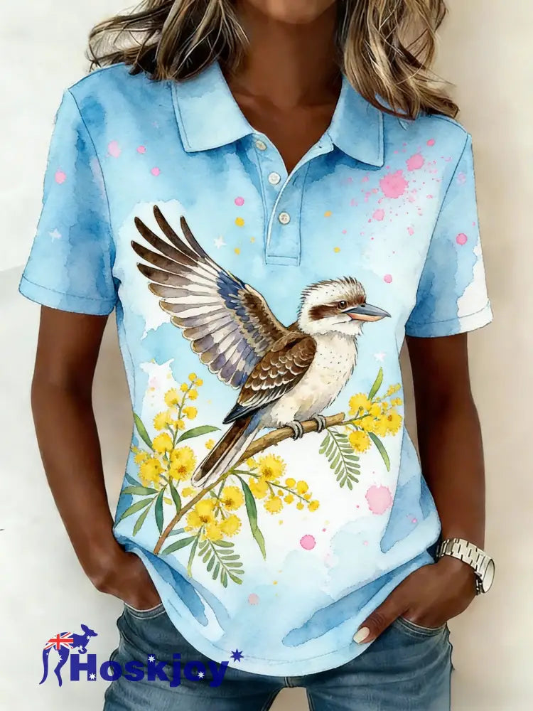 Women’s Vintage Aussie Cute Kingfisher Casual Comfortable Short Sleeve Polo Shirt Light Blue / S