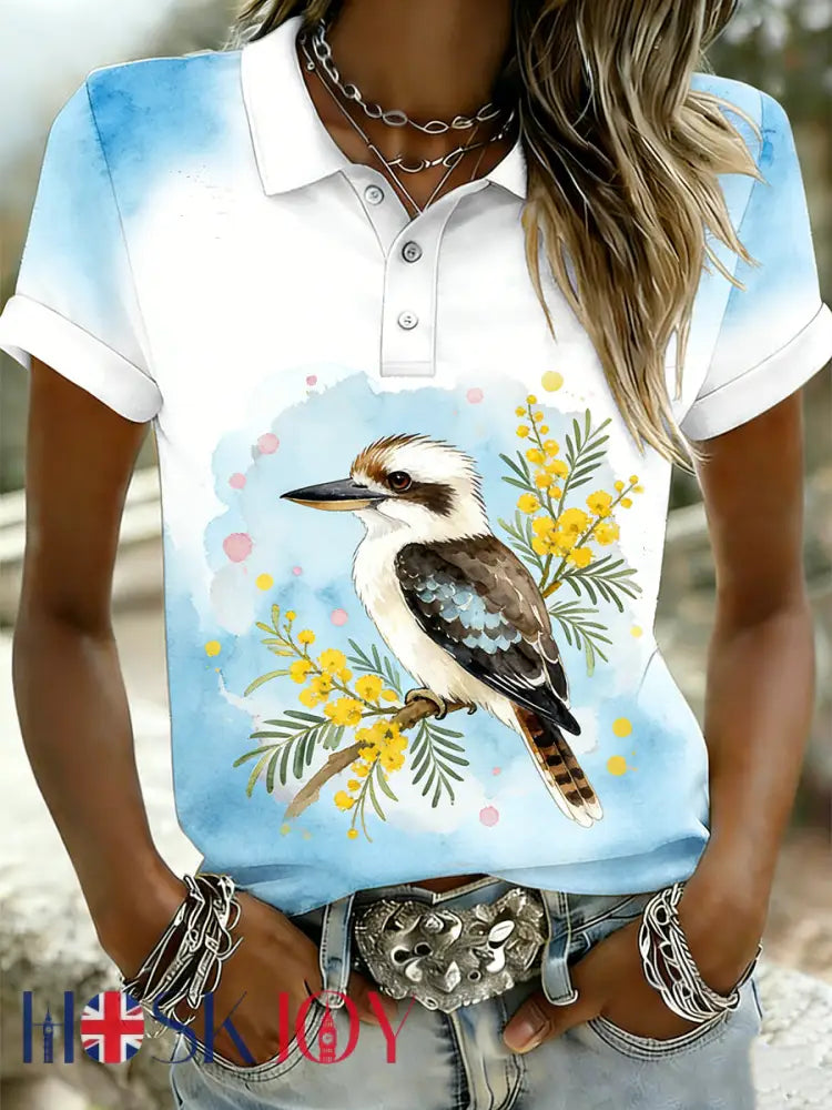 Women’s Vintage Aussie Cute Laughing Kingfisher Casual Short Sleeve Polo Shirt Blue / S