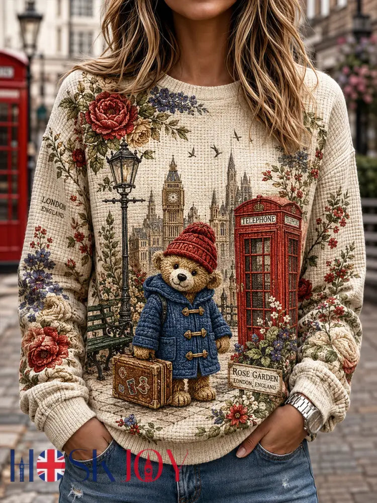 Women’s Waffle-Knit Sweatshirt With Cute Teddy Bear Print - A / S