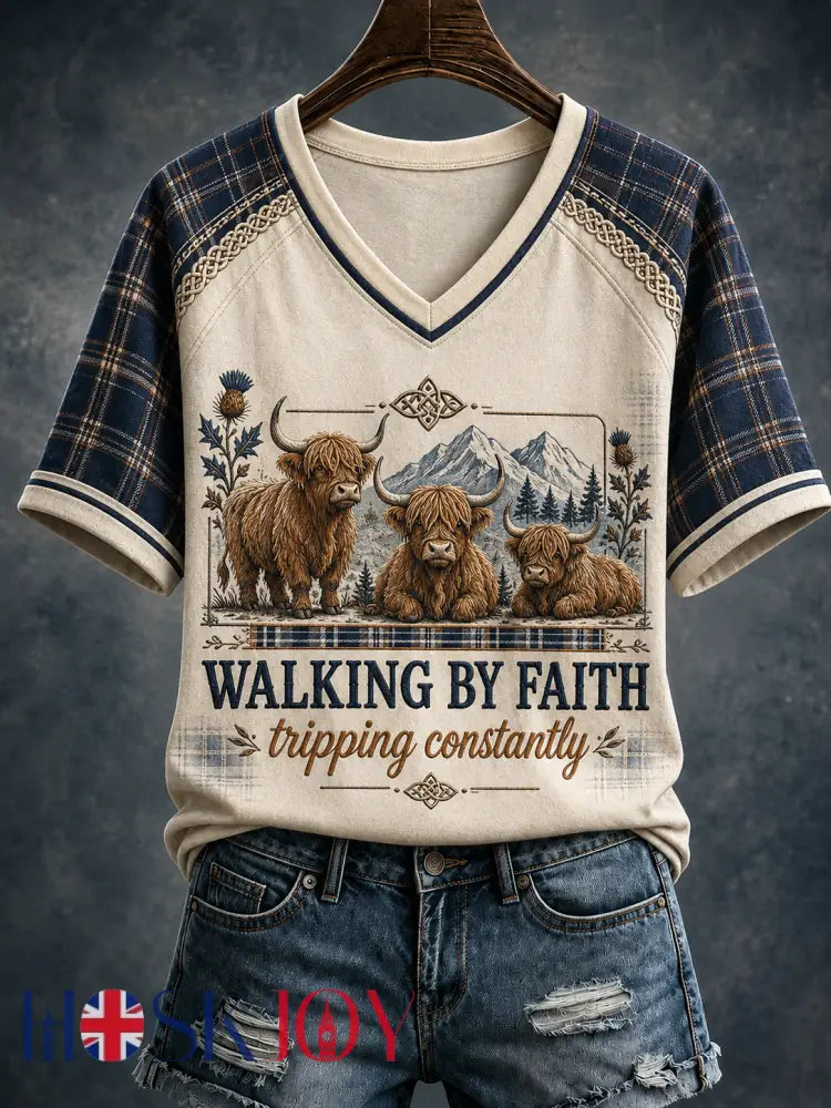 Women’s Walking By Faith Tripping Constantly V-neck Off-shoulder Short-sleeved T-shirt - Beige / S