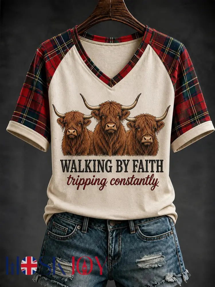 Women’s Walking By Faith Tripping Constantly V-neck Off-shoulder Short-sleeved T-shirt - Beige / S