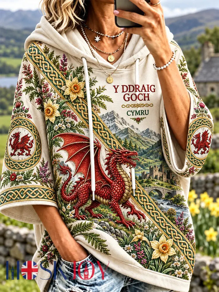 Women’s Welsh Cultural Element Art Print Hooded Sweatshirt - Apricot / S