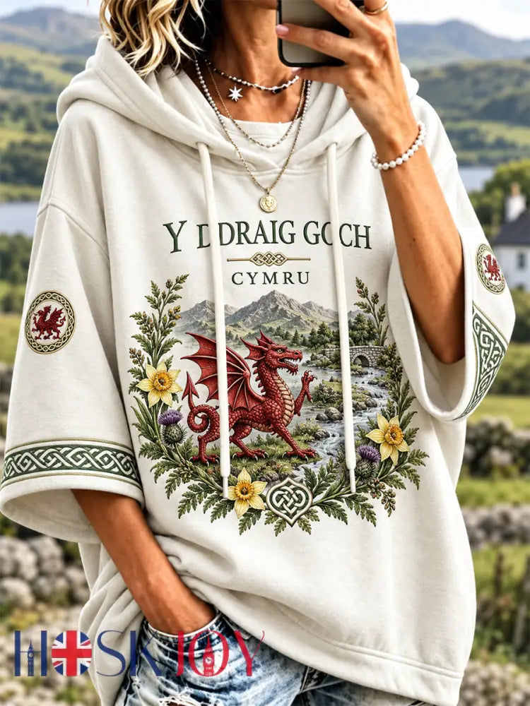 Women’s Welsh Cultural Element Art Print Hooded Sweatshirt - White / S