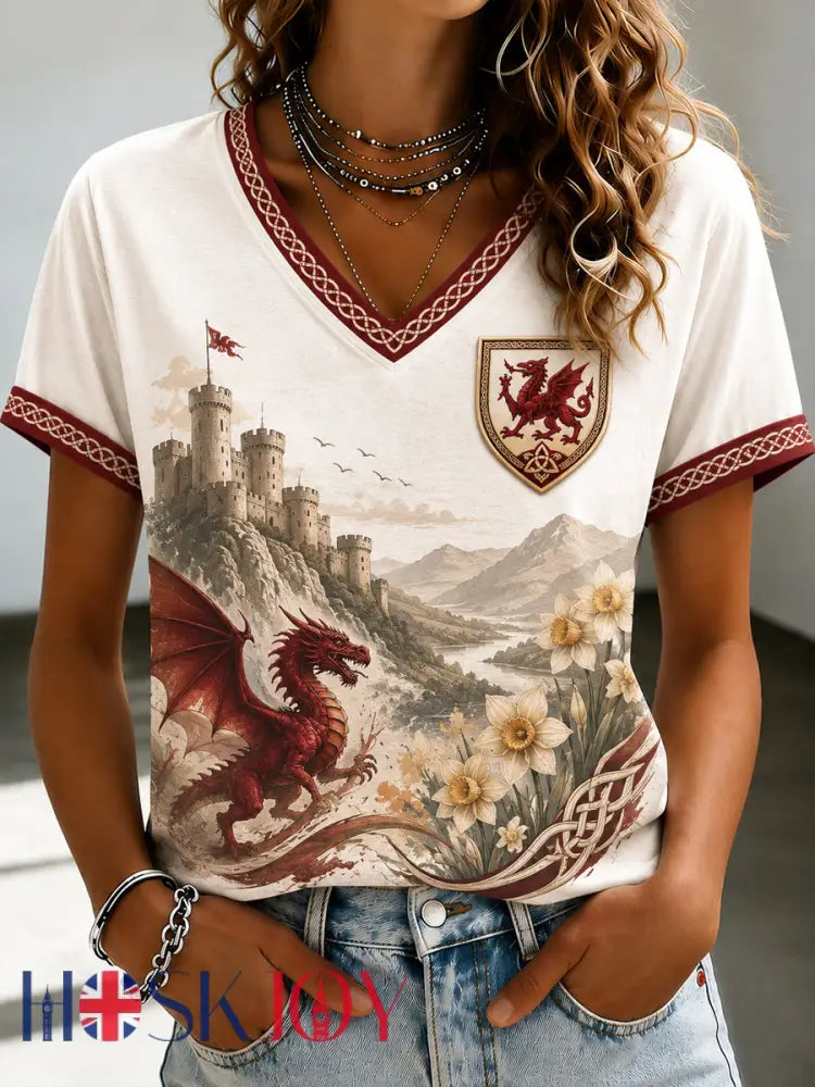 Women’s Welsh Dragon Printed V-neck T-shirt - As picture / S