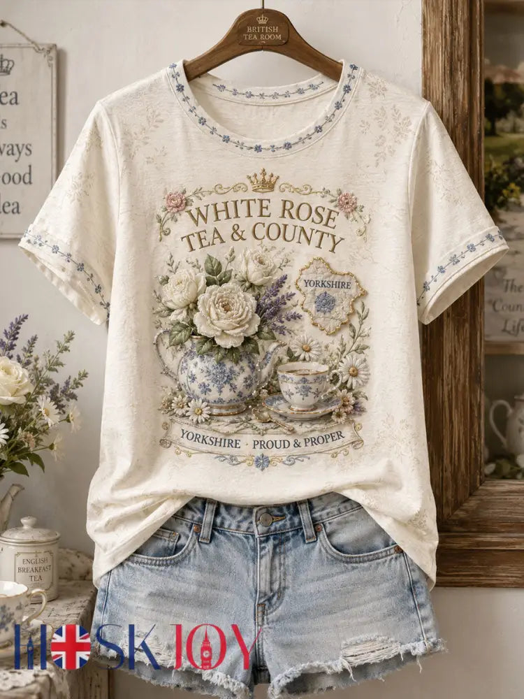 Women’s Yorkshire Day White Roses Art Printed T-shirt - Creamy-White / S