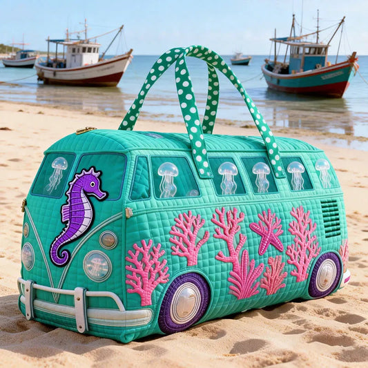 Coral Seahorse Print Quilted Duffle Bag