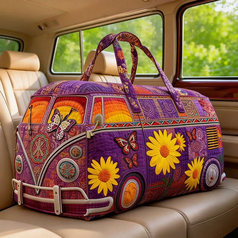 Hippie-style Butterflies And Sunflowers Print Quilted Duffle Bag