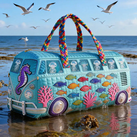 Multicolor Schools Of Fish Print Quilted Duffle Bag