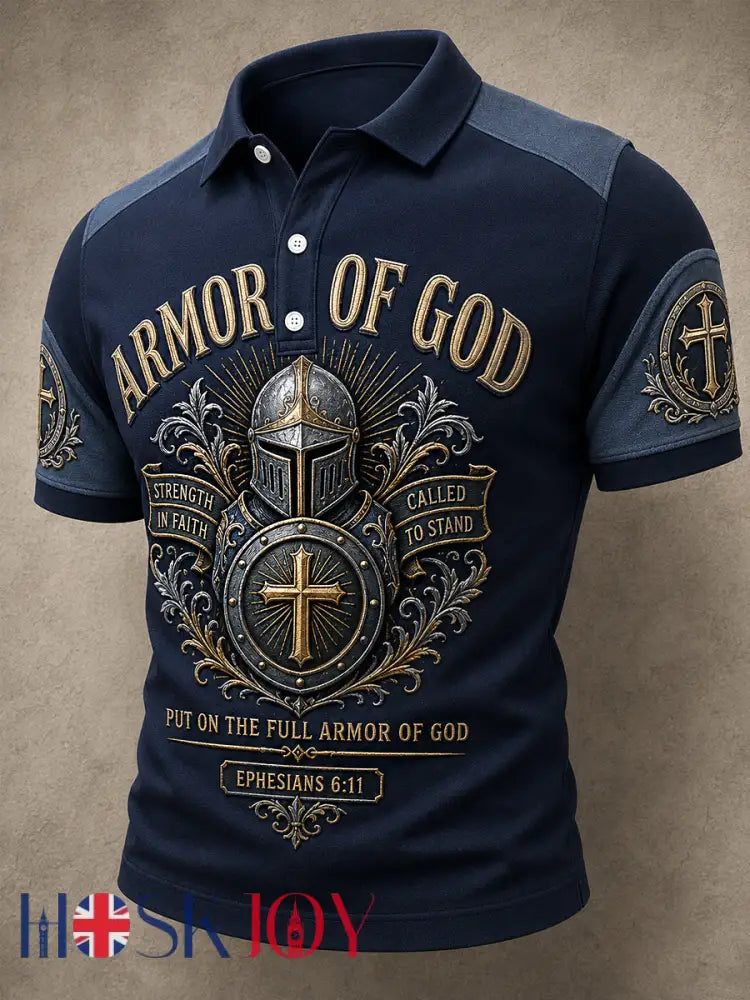 Men’s Armor Of God Print Casual Polo - Navy Blue / S