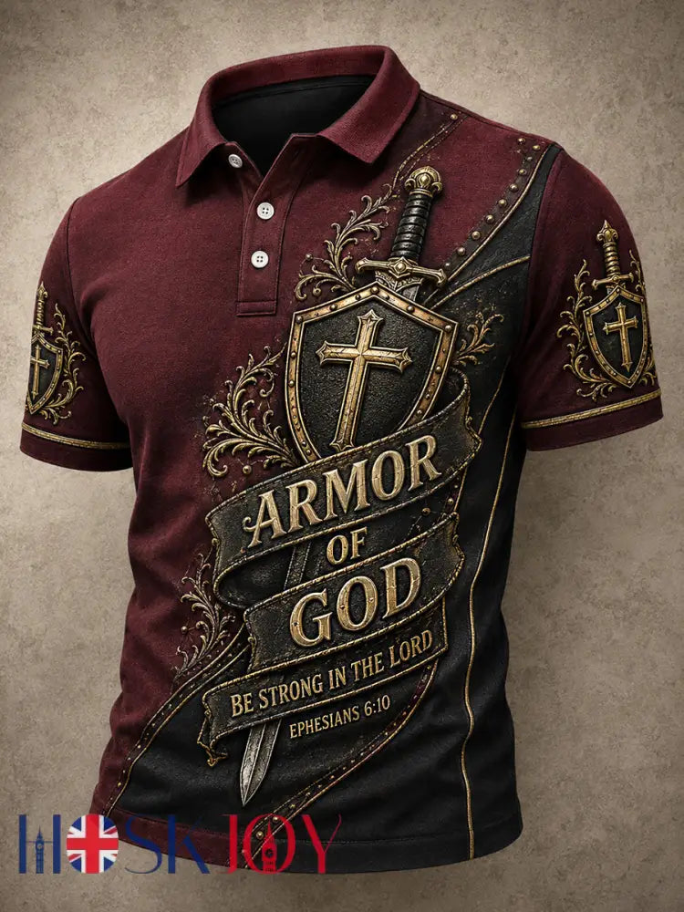 Men’s Armor Of God Print Casual Polo - Wine Red / S