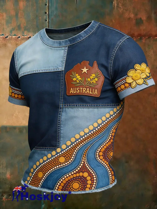 Men’s AU Aboriginal Culture Art NAIDOC Week Printed Casual Tops - Blue / S