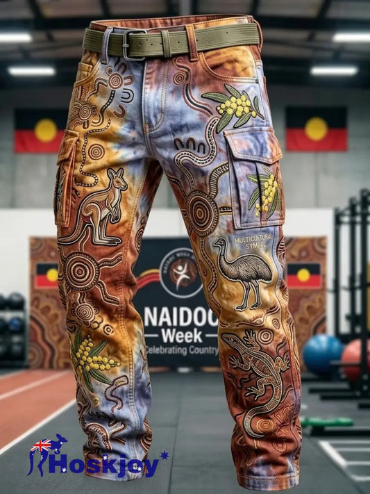 Men’s AU Aboriginal Culture Printed Business Style Casual Work Trouser - Orange / S
