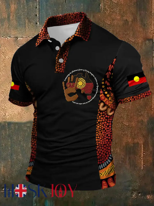 Men’s AU Aboriginal Culture Printed Casual Tops Black / S