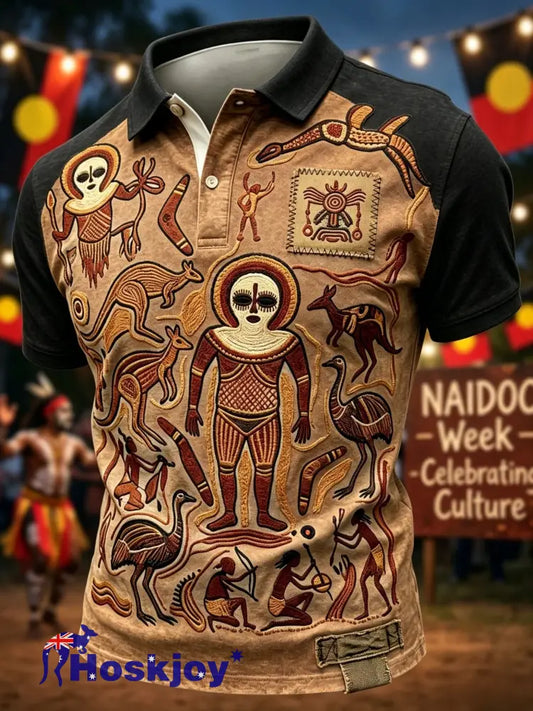 Men’s AU Aboriginal Culture Printed Polo Shirt - Brown / S