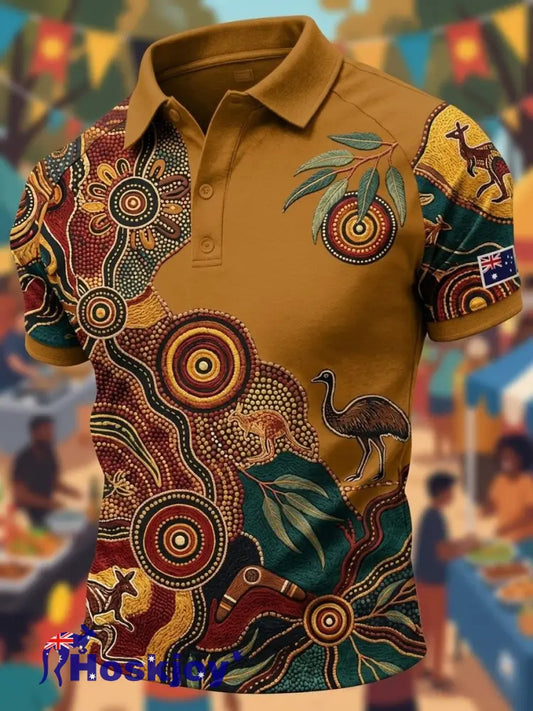 Men’s AU Aboriginal Culture Printed Polo Shirt - Brown / S