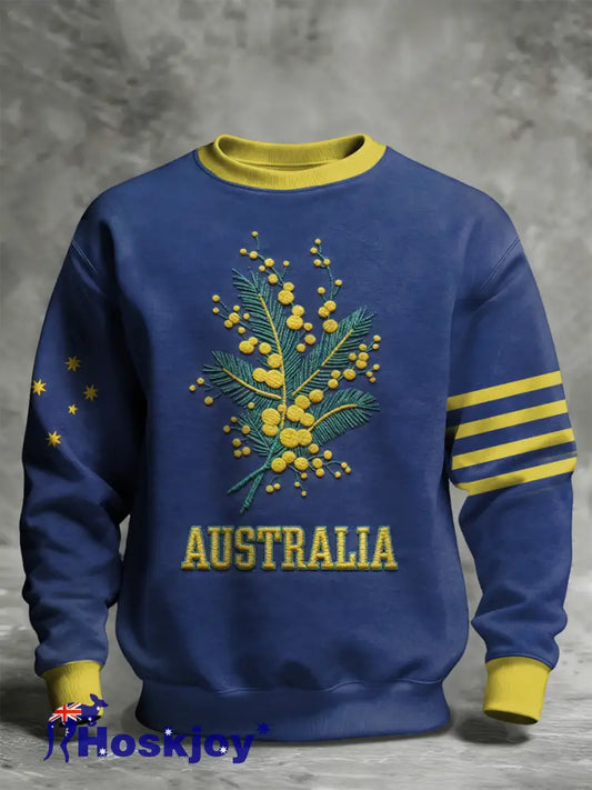Men’s AU Badge Golden Wattle Art Printed Sweatshirt Navy Blue / S