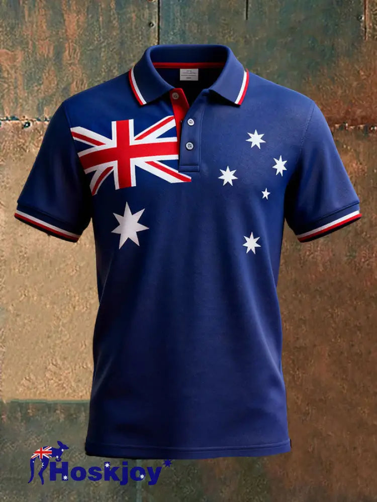 Men’s AU Flag Art Printed Casual Tops Navy Blue / S