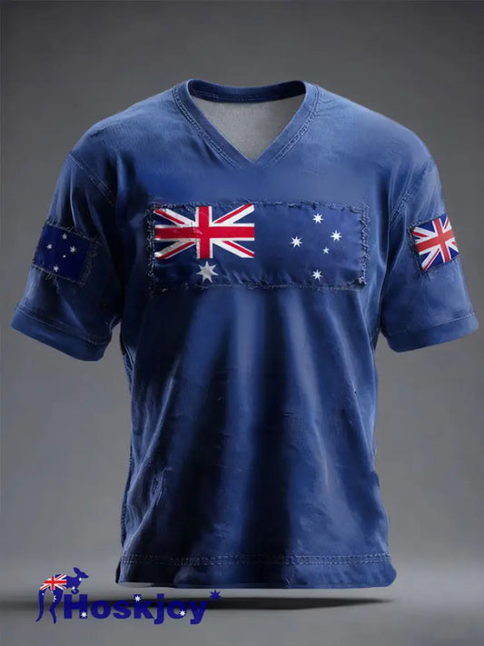 Men’s AU Flag Australia Day Printed V-neck T-shirt Blue / S