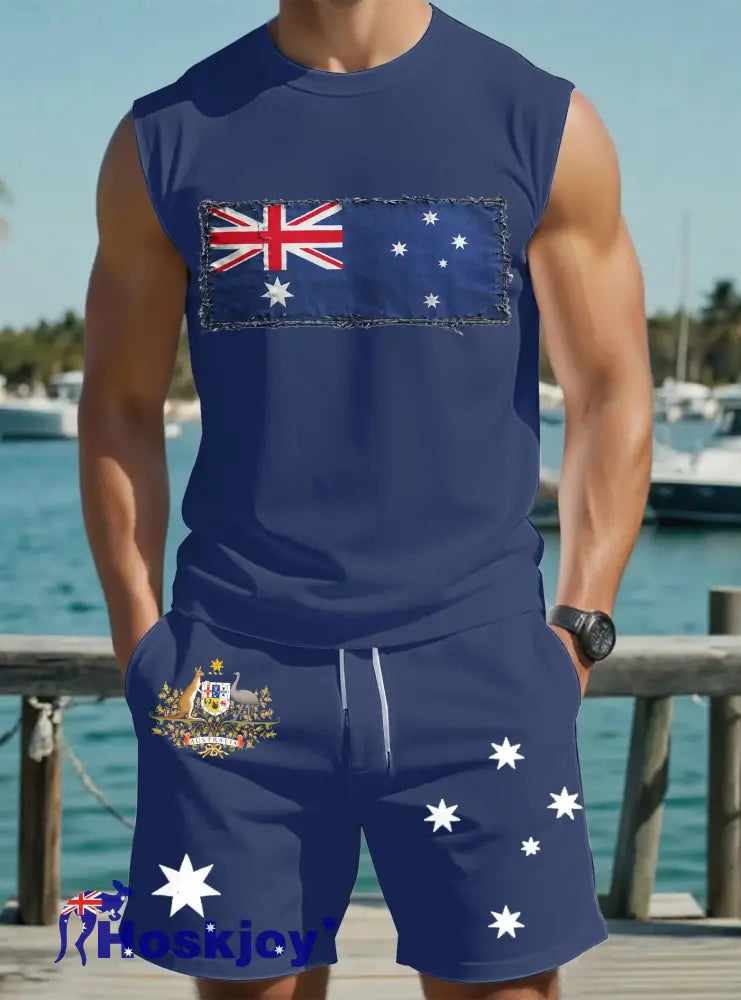Men’s AU Flag Australia Day Printed Vest Sets Navy Blue / S