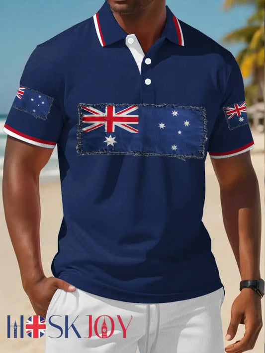 Men’s Aussie Flag Art Proud Printed Casual Tops Navy Blue / S