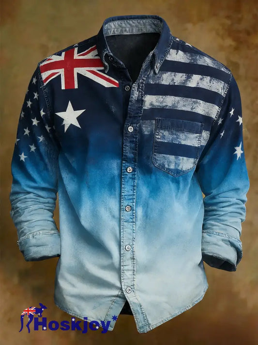 Men’s Australian Flag Badge Abstract Print Casual Long Sleeve Shirt Blue / S