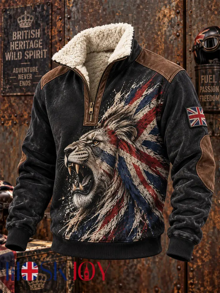 Men’s British Lion Printed Plush Stand Collar Shirt - Black / S