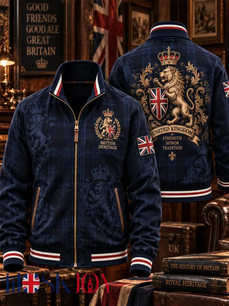 Men’s British Lion Printed Zip-Up Jacket - Navy Blue / S