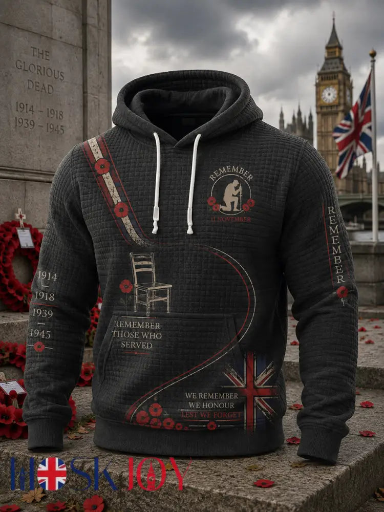 Men’s British Rememberance Day-Themed Printed Checkered Cotton Hoodie - A / S
