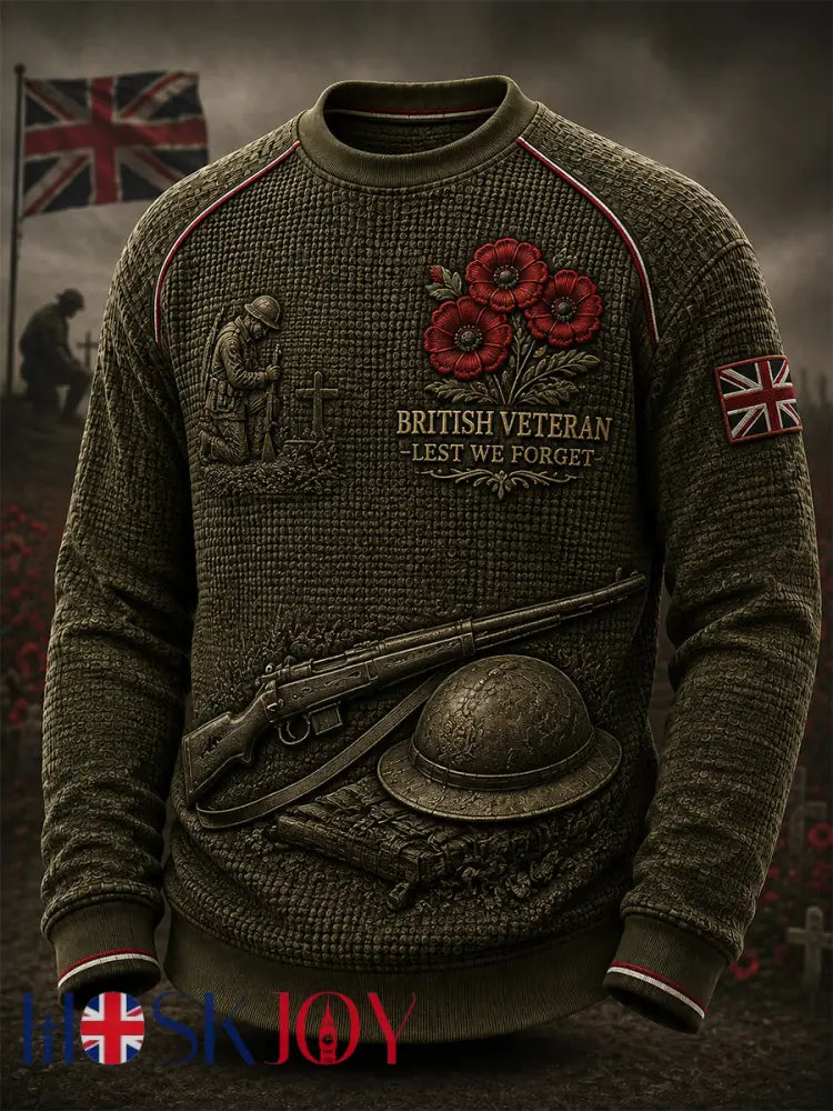Men’s British Veteran Commemorative Print Long-Sleeved Waffle Top - Army Green / S