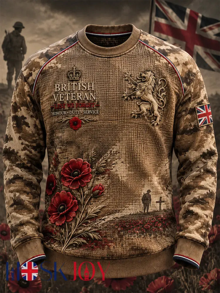 Men’s British Veteran Commemorative Print Long-Sleeved Waffle Top - Khaki / S