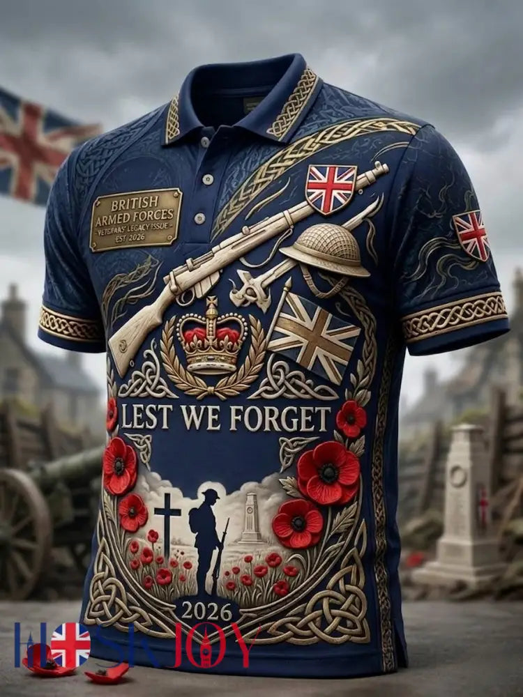 Men’s British veteran print polo shirt - Navy Blue / S