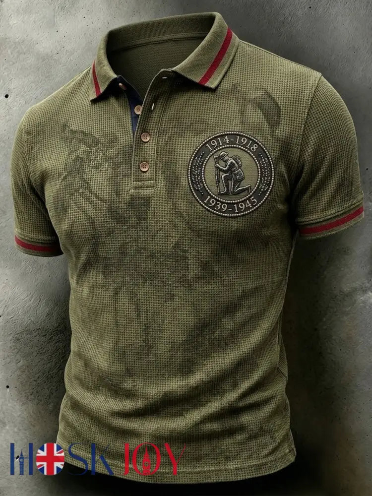Men’s British veteran print waffle polo t-shirt - Green / S