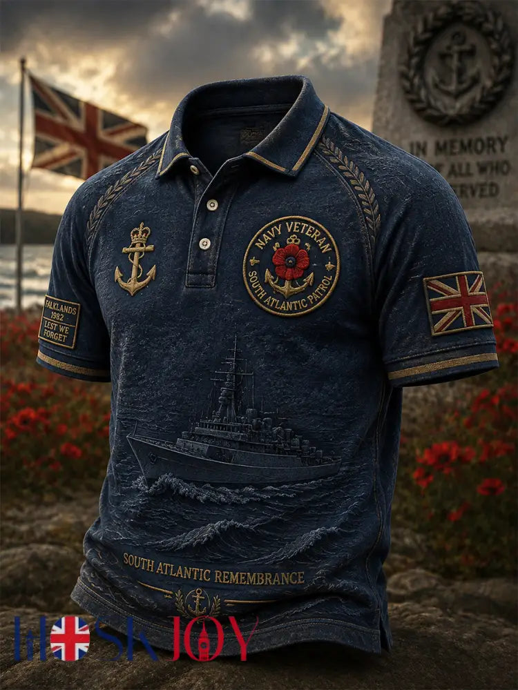 Men’s British Veteran South Atlantic Patrol Print Short-Sleeve Polo Shirt - Navy Blue / S