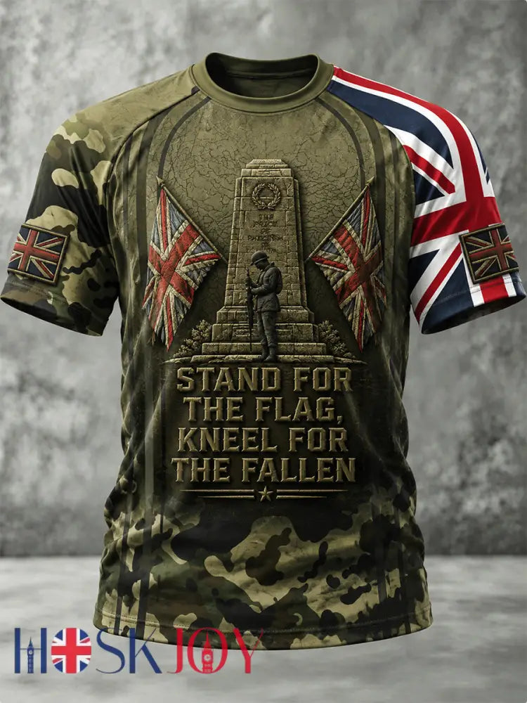 Men’s British Veteran STAND FOR THE FLAG KNEEL FOR THE FALLEN Print Short-Sleeve T-shirts - Army Green / S
