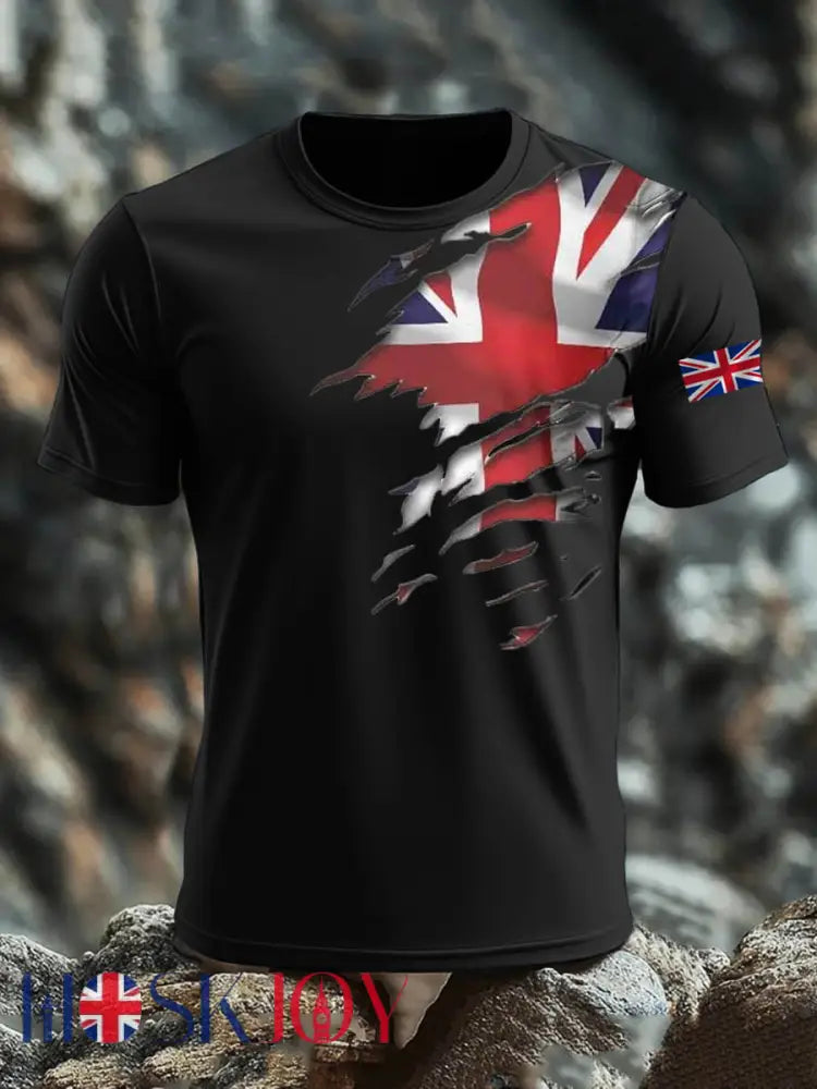 Men’s Britsh Imitation Cotton Short-Sleeved Printed T-shirt - Black / S
