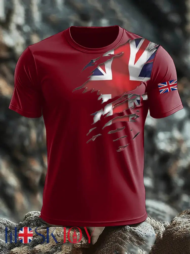 Men’s Britsh Imitation Cotton Short-Sleeved Printed T-shirt - Deep Red / S