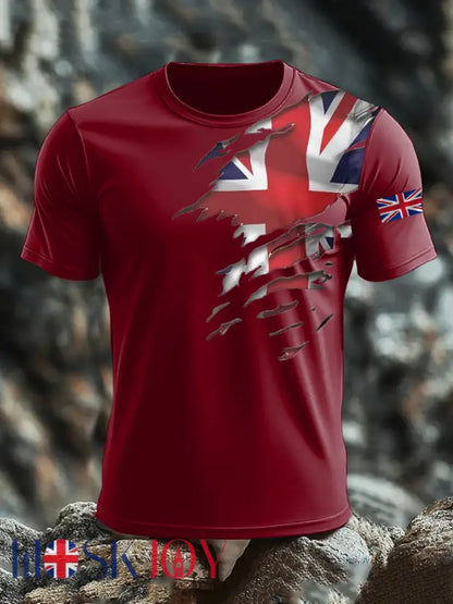 Men’s Britsh Imitation Cotton Short-Sleeved Printed T-shirt - Deep Red / S