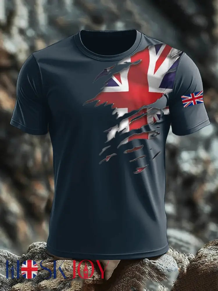 Men’s Britsh Imitation Cotton Short-Sleeved Printed T-shirt - Navy Blue / S