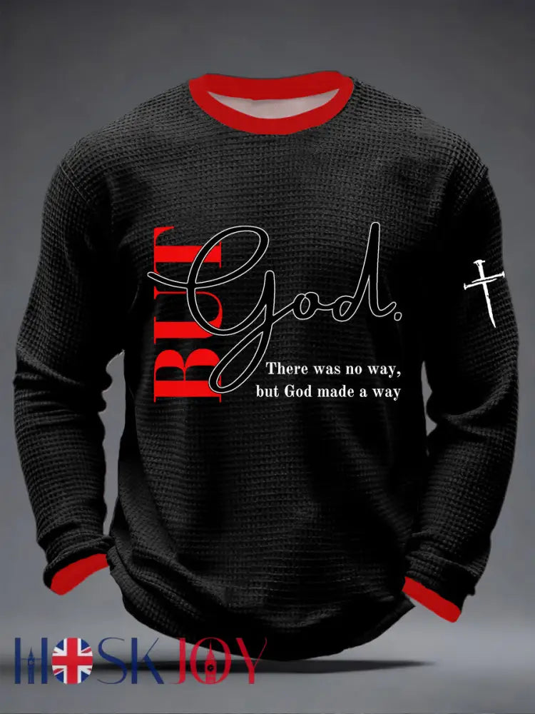 Men’s But God Waffle Print Casual T-Shirt - Black / S