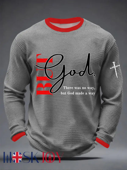 Men’s But God Waffle Print Casual T-Shirt - Gray / S