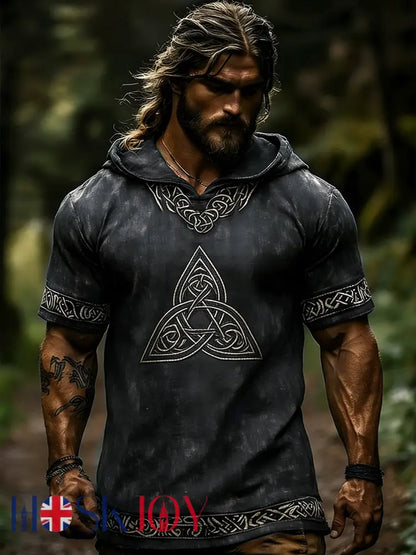 Men’s Celtic Retro Hooded Short Sleeve T-Shirt - Dark Gray / S