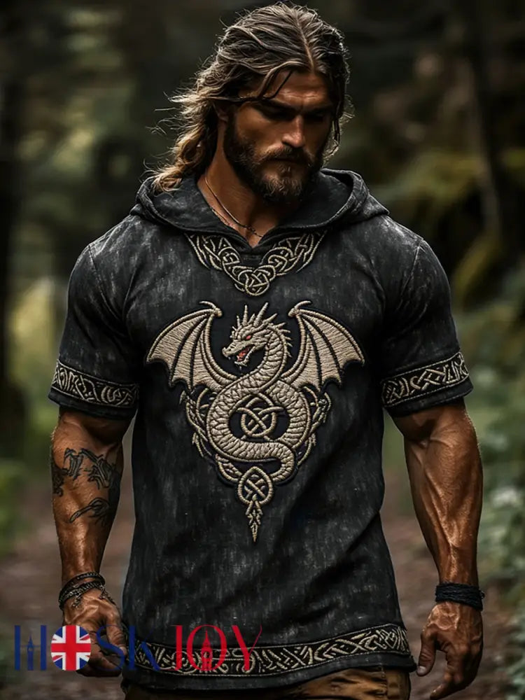 Men’s Celtic Retro Hooded Short Sleeve T-Shirt - Dark Gray / S